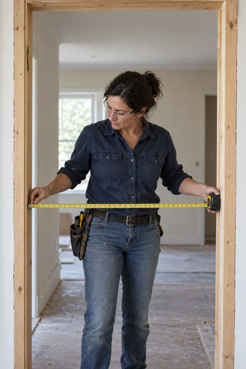A tradeswoman measuring the width of a door opening before installation
