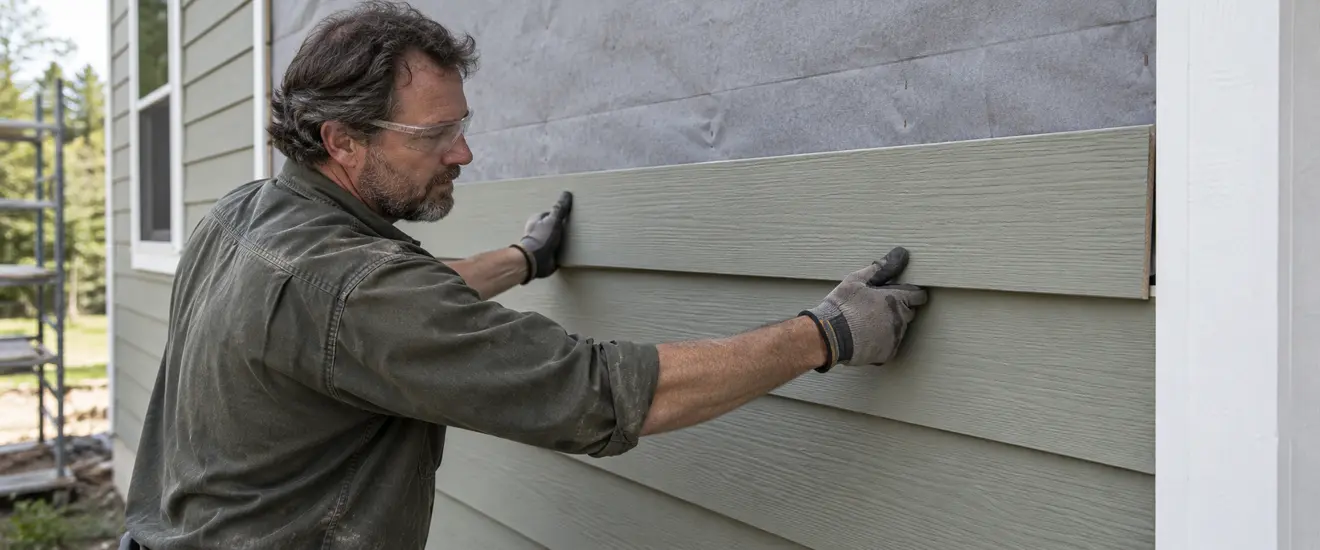 A tradesman supporting and aligning a siding board before fastening it